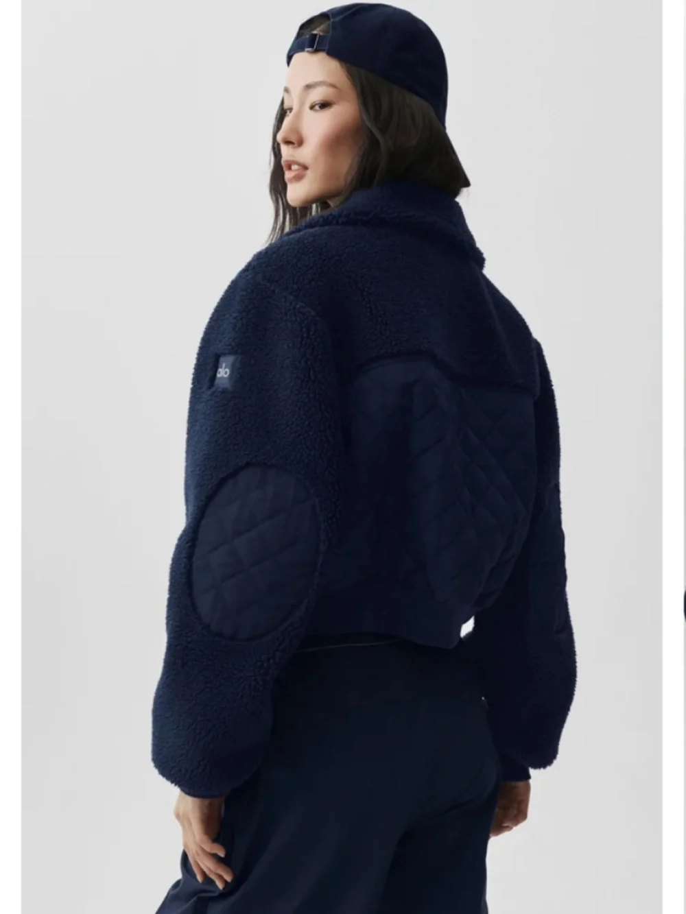 Alo Yoga Sherpa Edge Bomber Jacket Navy Cropped Teddy Fleece XS